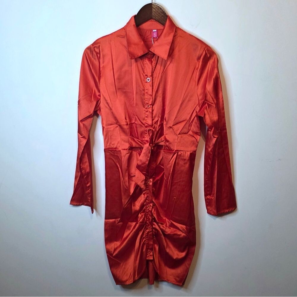 Mundefeis Orange Satin Ruched Tie Front Dress Glam Club Brand New Size Medium